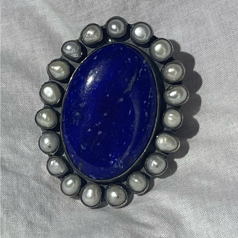 Blue Oval Stone Ring with Pearl Accents